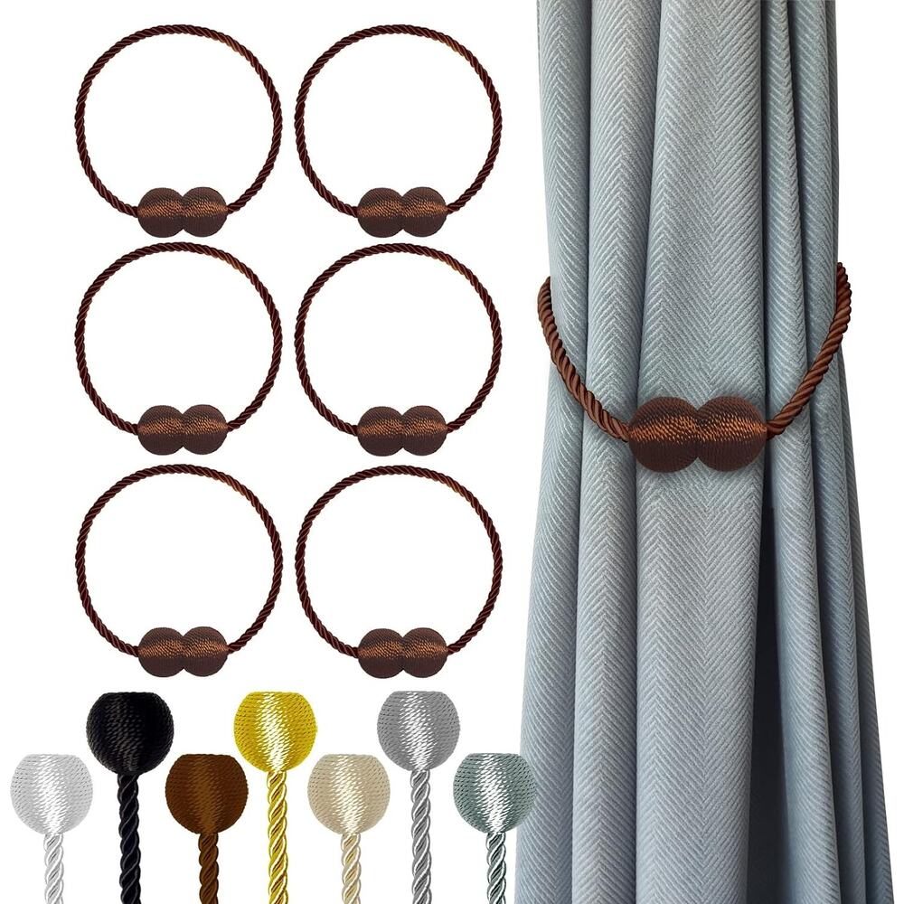 Magnetic Brown or Silver Spherical Braided Rope Curtain Tiebacks